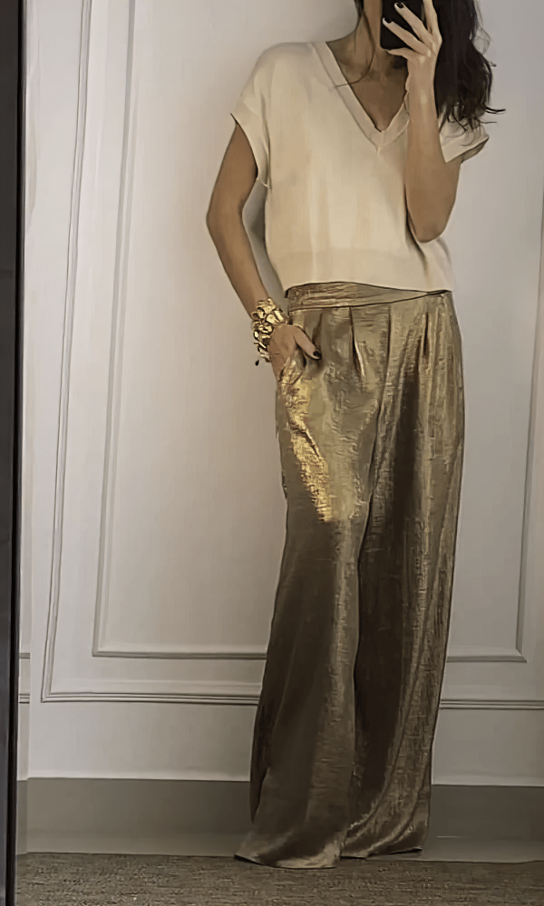 Top à Manches Courtes en Satin avec Pantalon - Ensemble Deux Pièces