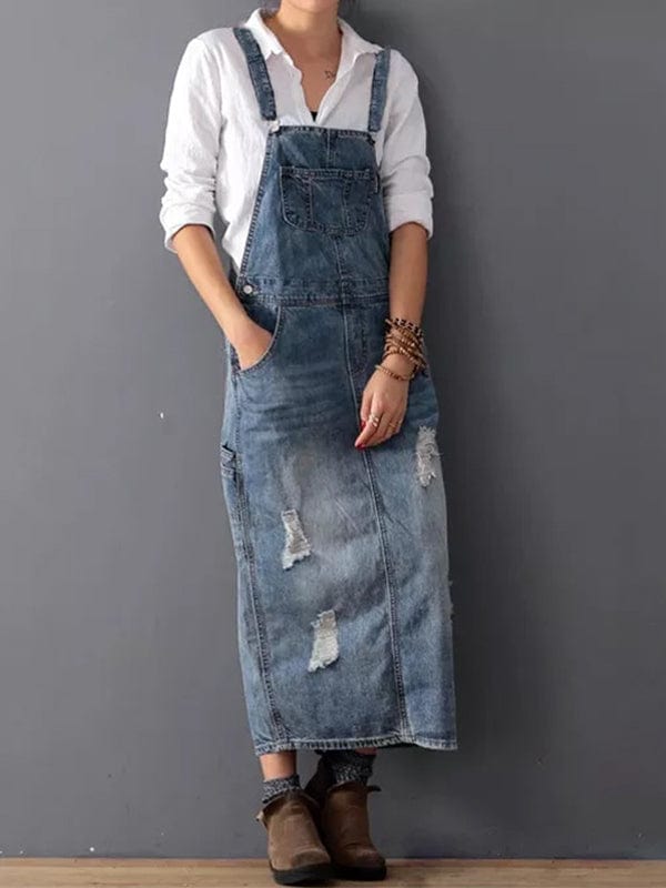 Robe Salopette en Jean Déchiré avec Fente Arrière