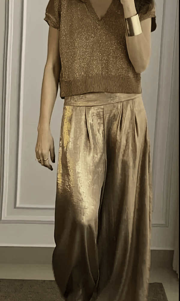 Top à Manches Courtes en Satin avec Pantalon - Ensemble Deux Pièces