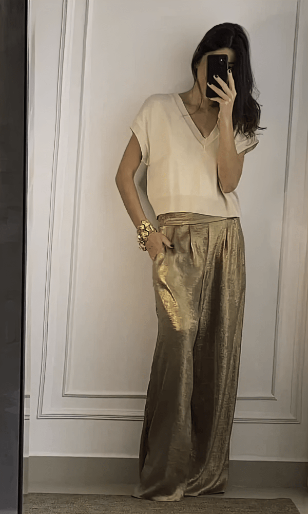 Top à Manches Courtes en Satin avec Pantalon - Ensemble Deux Pièces