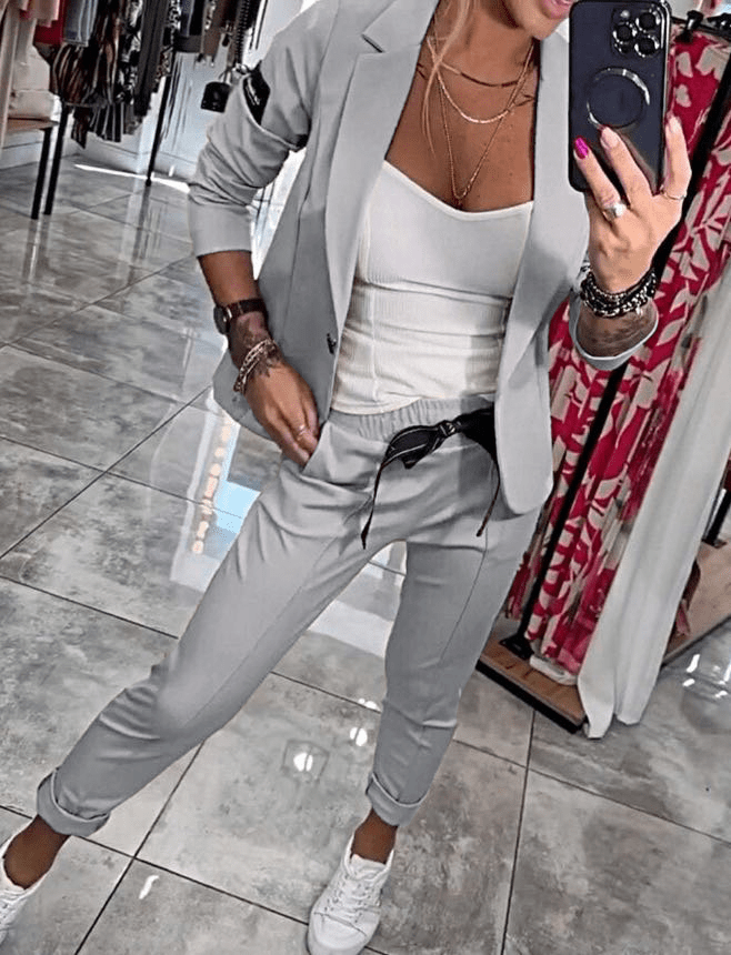 Ensemble Deux Pièces Femme – Veste Top et Pantalon Élastique