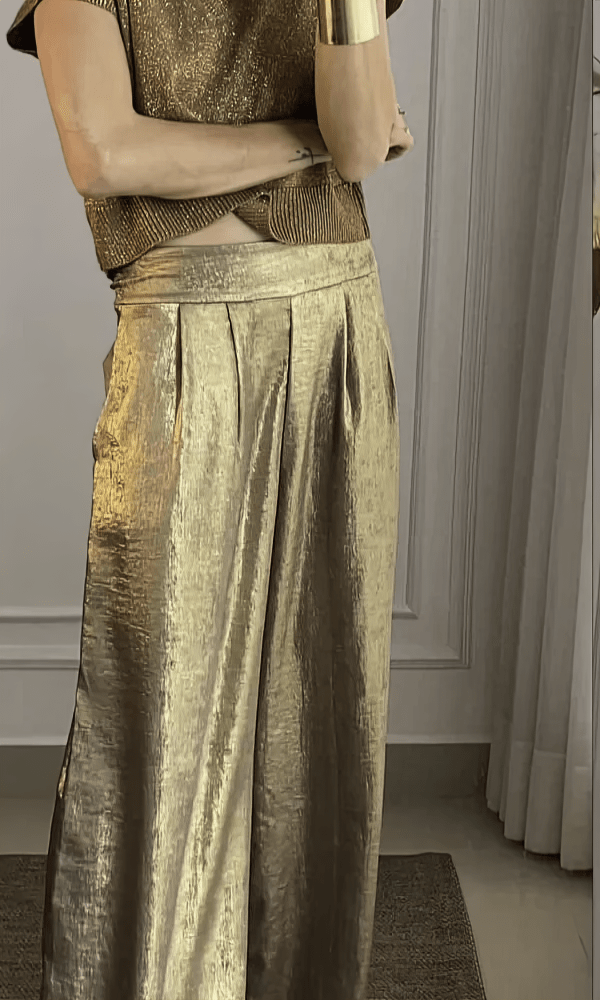 Top à Manches Courtes en Satin avec Pantalon - Ensemble Deux Pièces