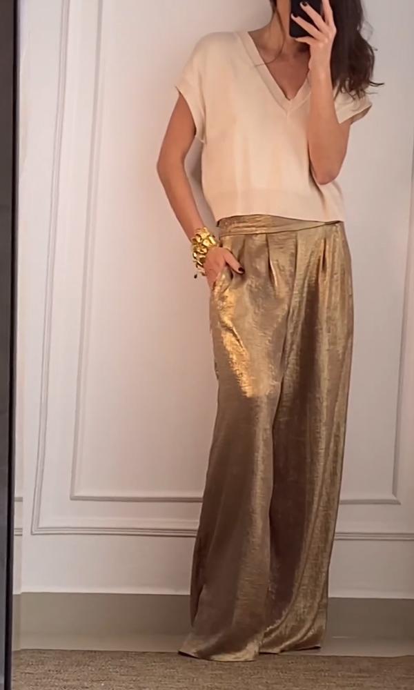 Top à Manches Courtes en Satin avec Pantalon - Ensemble Deux Pièces