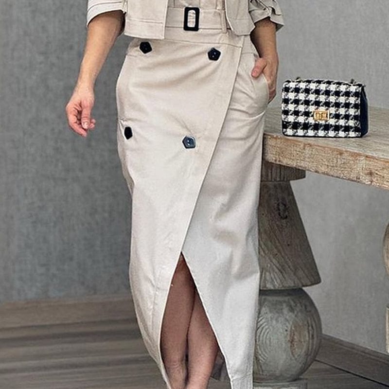 Ensemble Manteau à Revers pour Femmes avec Ceinture et Jupe Midi à Boutons