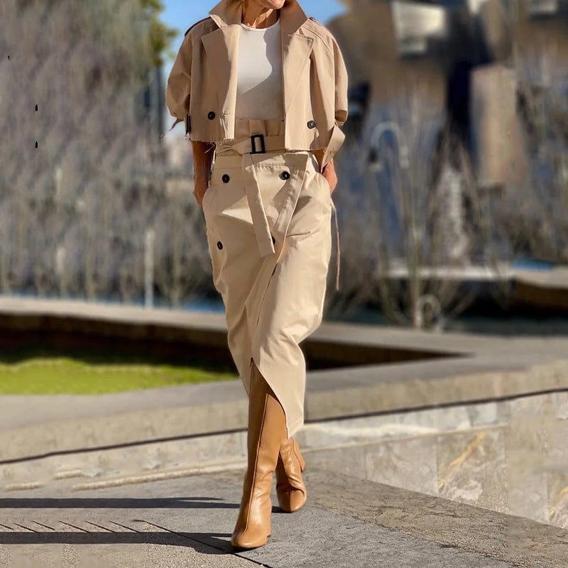 Ensemble Manteau à Revers pour Femmes avec Ceinture et Jupe Midi à Boutons