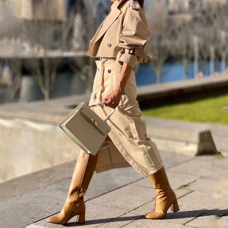 Ensemble Manteau à Revers pour Femmes avec Ceinture et Jupe Midi à Boutons